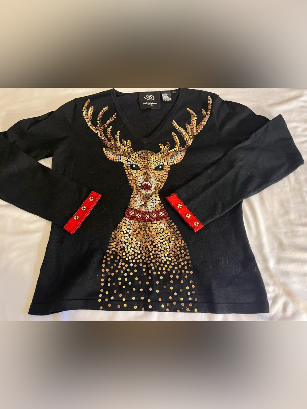 Michael Simon Black Sweater with Gold Sequin Reindeer and Red Cuff Accents